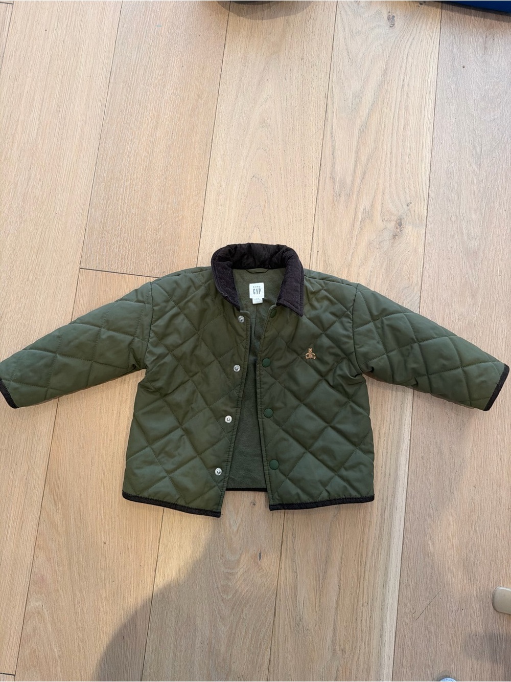 GAP Olive Green Quilted Puffer Jacket with Dark Corduroy Collar